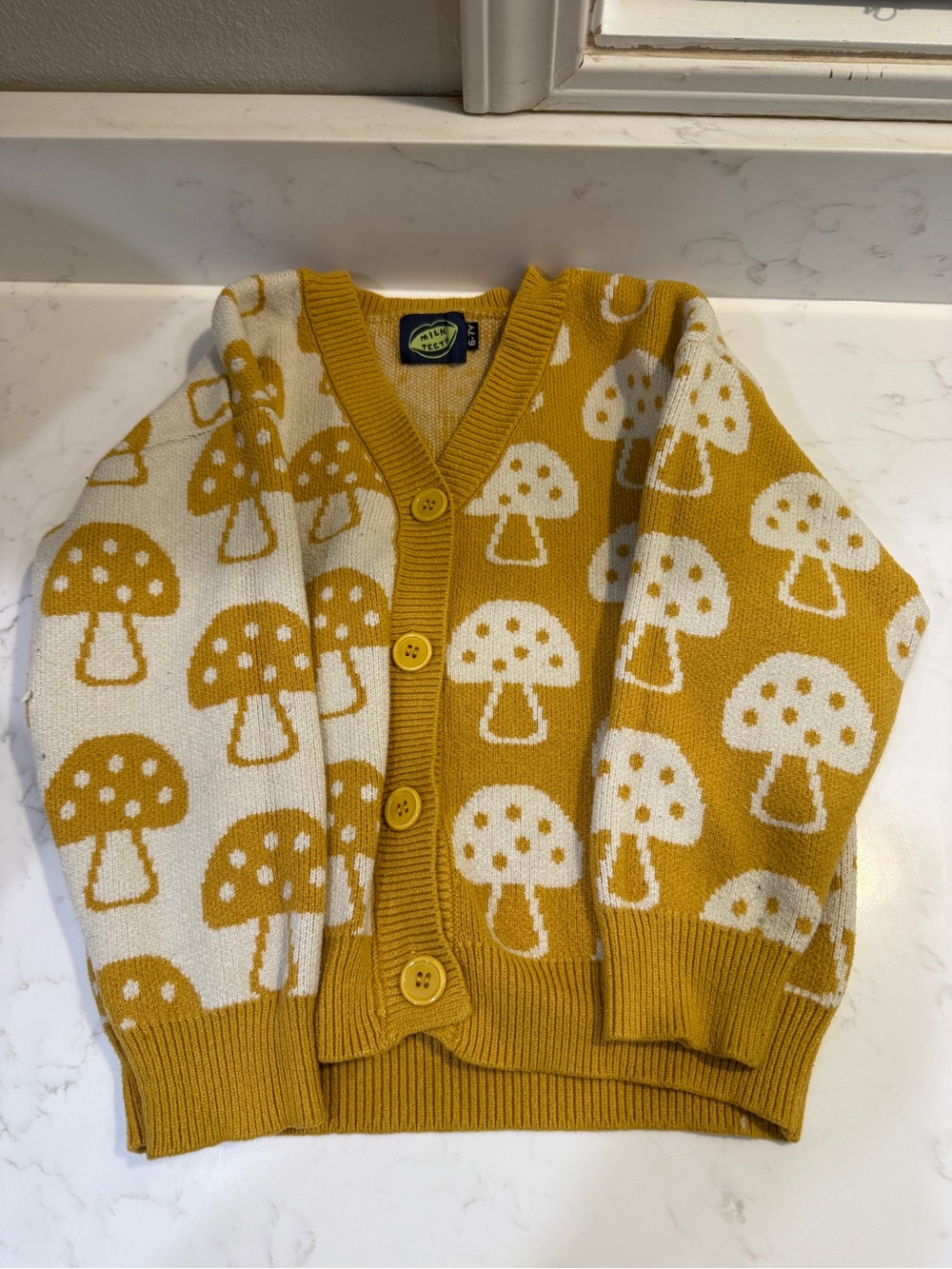 Milk Teeth Youth Cottagecore Button Up Cardigan 6-7 Mustard Mushroom Pattern